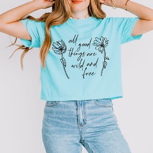 Simply Sage Market Women's Wild and Free Flowers Short Sleeve Relaxed Fit Cropped Tee - 1 of 4