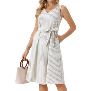 INSPIRE CHIC Women's Sleeveless Linen V Neck Tie Waist A Line Summer Dress with Pockets - 1 of 4