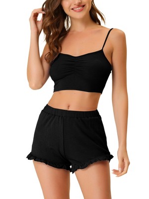 Cheibear Womens Sleepwear Knit Pajamas Spaghetti Strap Runch Front Cami  Lounge Pj Set Black X Large : Target