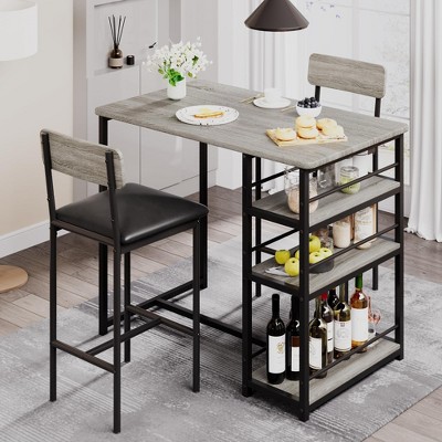 3-Piece Table Set with 2 Upholstered Bar Stools & 3-Tier Storage Shelves, Space-Saving Design