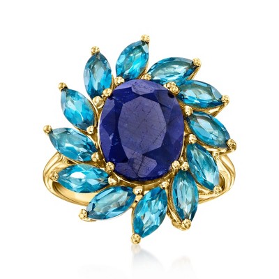 Ross-Simons 4.30 Carat Sapphire and 3.30 ct. t.w. London Blue Topaz Flower Ring in 18kt Gold Over Sterling