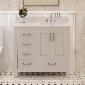 Rooh Solid Wood Bathroom Vanity with White Quartz Top & Undermount Sinks with 3 Pre Drilled Faucet Holes - 1 of 4