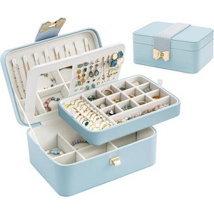 2-Layer Jewelry Box for Teen Girls, Bow Clasp Organizer with Mirror for Earrings & Rings, Blue - 1 of 4
