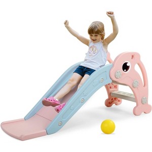 Sandinrayli 3 in 1 Toddler Slide, Baby Slide Climber Playset with Basketball Hoop and Ball, Indoor and Outdoor Playground for Kids Pink - 1 of 4