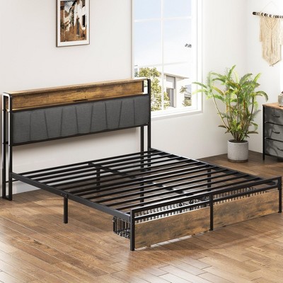 DOMETOUR Queen Upholstered Platform Bed Frame with Storage, USB, LED Lights, Wingback Headboard, Rustic Brown