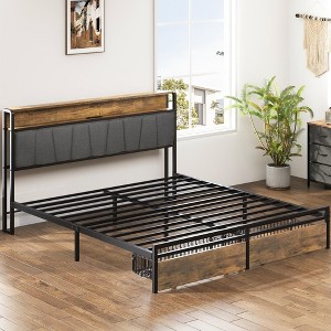 DOMETOUR Queen Upholstered Platform Bed Frame with Storage, USB, LED Lights, Wingback Headboard, Rustic Brown - 1 of 4