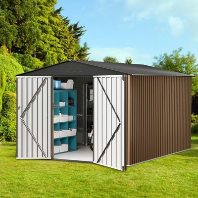 Outdoor Storage Shed, 8x8FT Large Metal Storage Shed, Metal Garden Tool Shed w/Roof, Door & Lock, Waterproof & Anti-UV, for Patio Garden Yard, Brown