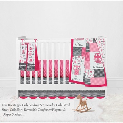 Bacati - Owls in the Woods Pink Fuschia Gray 4 pc Crib Bedding Set with Diaper Caddy