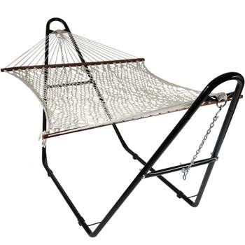 Sunnydaze Cotton Double Wide 2-Person Rope Hammock with Spreader Bars and Multi-Use Steel Stand - 450 lb Weight Capacity - White