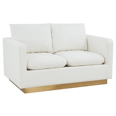 LeisureMod Nervo Mid-Century Modern Upholstered Faux Leather Loveseat with Gold Frame