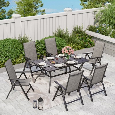 Captiva Designs 7pc Outdoor Patio Slat-top Rectangle Dining Steel Table & Foldable Arm Chairs