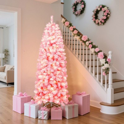 Gikpal 6ft Pre-Lit Snow Flocked Slim Pencil Christmas Tree, 502 Lifelike Branch Tips, 250 Multicolor LED Lights & Sturdy Metal Stand, Foldable Base