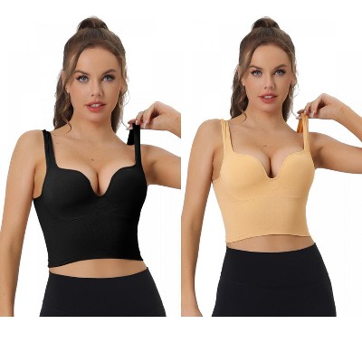 Allegra K Women's Wireless Medium Support Push-Up Fixed Straps Workout Sleep Sports Bra 2 Packs