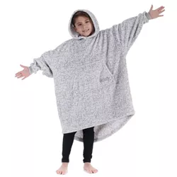 THE COMFY Dream Jr Kids Oversized Microfiber Fleece Wearable Blanket w/Plush Hood, Large Pocket, & Ribbed Sleeve Cuffs, 1 Size Fits All, Heather Gray