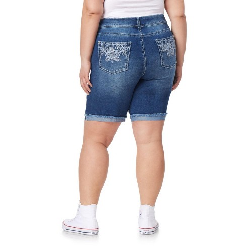 Wallflower Women's Luscious Curvy Denim Shorts Mid-rise Bling Insta Stretch  Juniors (available In Plus Size), Cedar Bling Bermuda, 18 Plus : Target