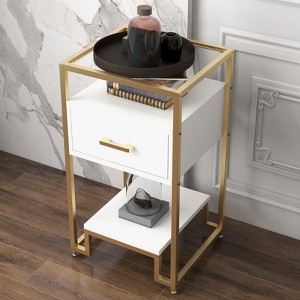 Mid-Century Modern Nightstand with Tempered Glass Top, 3-Tier Storage End Table with Open Shelves and Drawer, for Bedroom and Living Room - 1 of 4