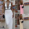 Clotth Women's Sensual Tie Backless Maxi Crossed  Halter Dress Deep V Neck Sleeveless Knit Elegant Dresses - 3 of 4