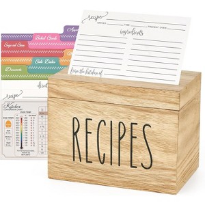 Wooden Recipe Box White Organizer with 100 Recipe Cards & 6 Dividers, Card Holder Box with Brown Lid & Slots - 1 of 4