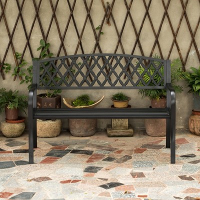 Black Steel Outdoor Garden Bench with Cast Iron Backrest