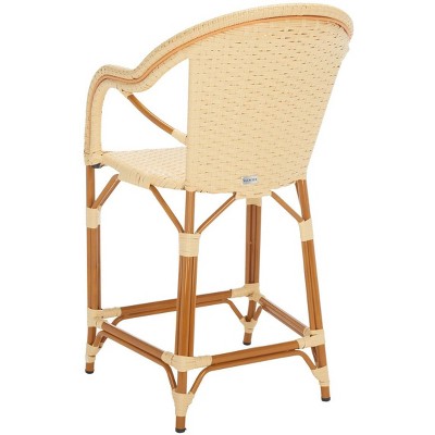 Natural Woven Faux Wicker and Aluminum Counter Stool with Arms