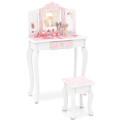 Tangkula Kids Vanity Table & Chair Set Princess Makeup Dressing Table 2 In 1 Toddler Study Desk Pink