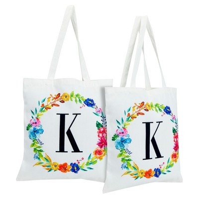 2 Pack Monogrammed Initial Tote Bags, Reusable Grocery Bag for Women, Embroidered, White, 29 in.