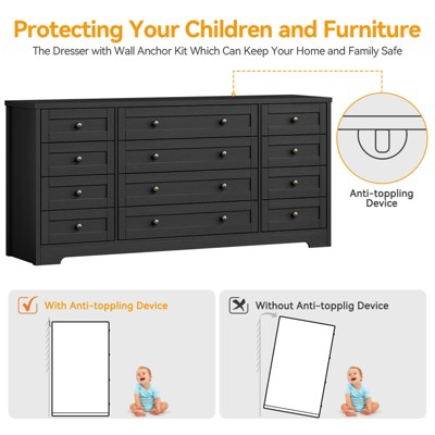 12 Drawers Wood Dressers for Bedroom, 63" Long Wooden Dresser for Living Room, Hallway, 16" Wide TV Stand Dresser for 65 Inch TV, Solid Wood Dressers