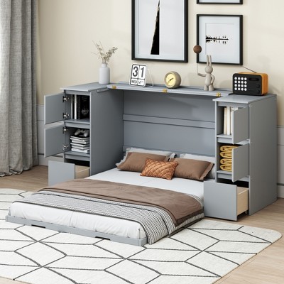 Full/Twin Size Wooden Murphy Bed Wall Bed with Drawers, Cabinets, USB Ports, and Stool 4S -ModernLuxe