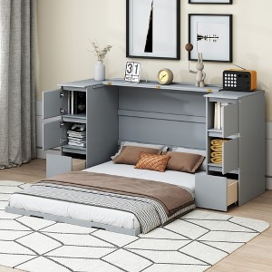 Full/Twin Size Wooden Murphy Bed Wall Bed with Drawers, Cabinets, USB Ports, and Stool 4S -ModernLuxe - 1 of 4