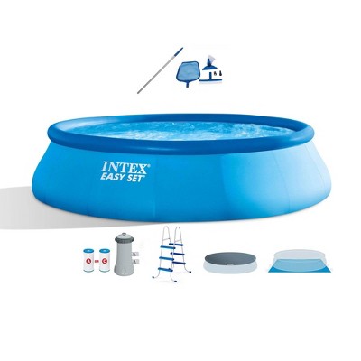 Intex 26165EH 15-Ft x 42-In Easy Setup Portable Inflatable Outdoor Above Ground Round Swimming Pool with Filter Pump, Cover & Cleaning Maintenance Kit
