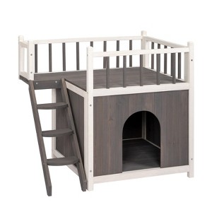 phiestina 2-Story Wooden Feral Cat House, Grey & White, with Stairs & Balcony for Indoor/Outdoor Use - 1 of 4