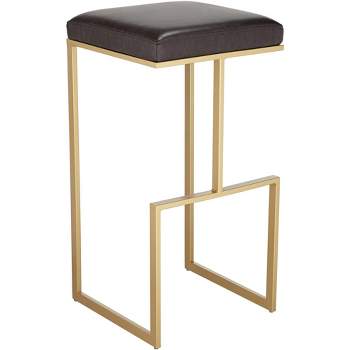 55 Downing Street Estes Gold Metal Bar Stool 29 1/2" High Modern Brown Faux Leather Cushion with Footrest for Kitchen Counter Height Island Home Shed
