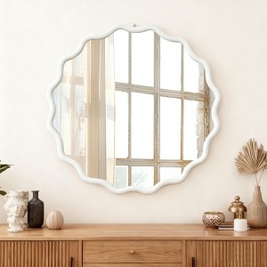 30 in. Natural Wood Color Wavy Round Solid Wood Frame Wall Mirror for Bathroom Vanity, Wooden Farmhouse Decorative Mirror for Home - 1 of 4