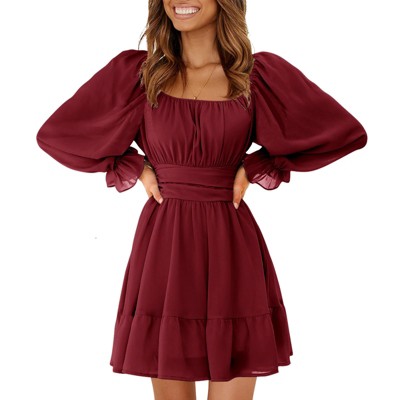 EXLURA Women's 2025 Casual Long Lantern Sleeve Dresses Square Neck Ruffle Tie Back Elastic Waist Aline Short Mini Dress