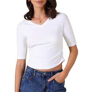 INSPIRE CHIC Women's V Neck Short Sleeve Stretchy Ruched Basic Casual Cropped Tops - 1 of 4
