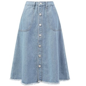 INSPIRE CHIC Women's Raw Hem Single Breasted Button Down A-Line Midi Jeans Skirt - 1 of 4