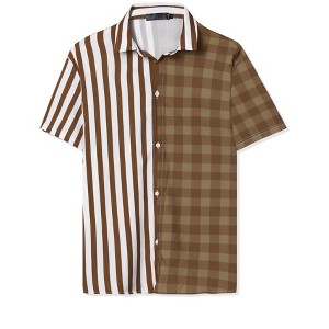 Lars Amadeus Men's Contrast Color Short Sleeves Striped Plaid Printed Shirt - 1 of 4