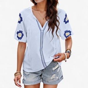 Anna-Kaci Women's Embroidered Short Sleeve Blouse with Floral Motif and Split V-Neck Detail for Casual Summer Style - 1 of 4