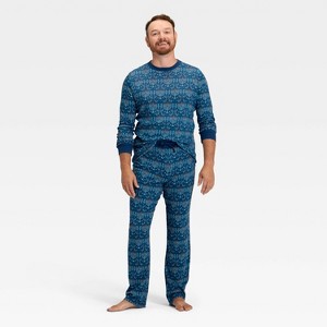 Men's Hanukkah Ribbed Long Sleeve Shirt and Pants Holiday Matching Family Pajama Set - Wondershop™ Blue - 1 of 4