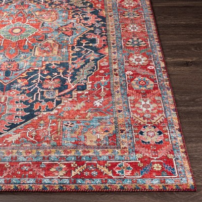 Linden Bright Red and Blue Hand-knotted Synthetic Fur Rug