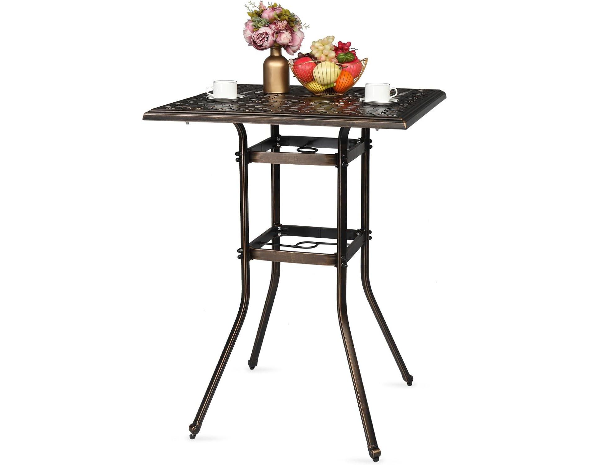VINGLI Cast Aluminum Patio Bar Table, 42" Height High Top Outdoor Bar Table with Umbrella Hole, Pub Height Bistro Square Table for Paito Lawn Garden