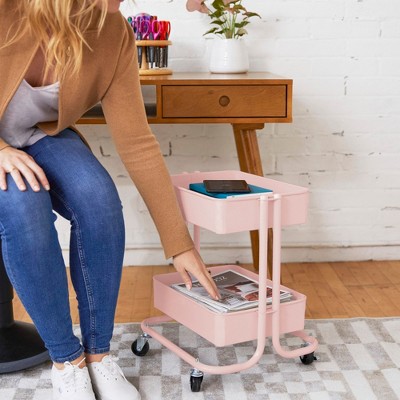 ECR4Kids Pink 2-Tier Metal Rolling Utility Cart