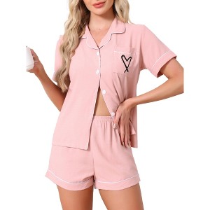 INSPIRE CHIC Women's 2 Pcs Heart Print Cute Short Sleeve Button Downs Shirt with Shorts Lounge Pajama Sets - 1 of 4