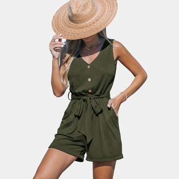 Women's Belted V-neck Button Front Romper - Cupshe