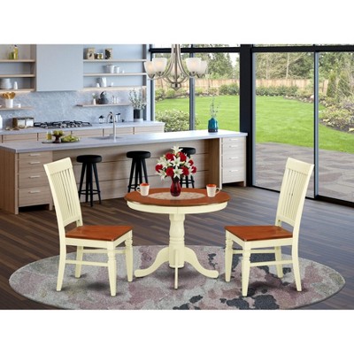 East West Furniture ANIP3-MAH-W 3Pc Rounded 36 Inch Table And Two Solid Wood Seat Dining Chairs