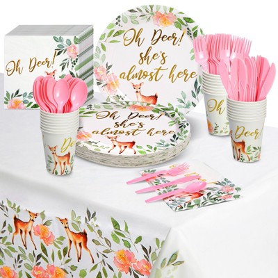 Image of Sparkle and Bash 145-Piece Oh Deer Baby Shower Decorations for Girl with Party Plates, Napkins, Cups, Cutlery, Tablecloth, Serves 24