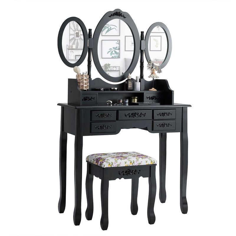 Tangkula Tri-Folding Mirror Vanity Makeup Set Dressing Table & Stool Unit w/ 7 Drawer, 5 of 7