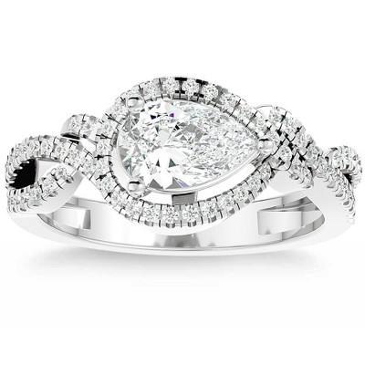 Pompeii3 1 1/2Ct TW Pear Shape Moissanite & Diamond Engagement Ring 10k Gold