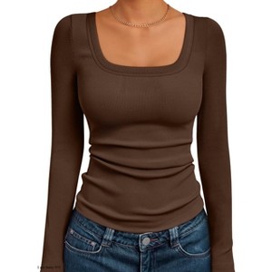 Womens Shirts Square Neck Long Sleeve Tops Ribbed Knit Basic Teen Girls Crop Top Fall Outfits Casual Clothes 2025 - 1 of 4