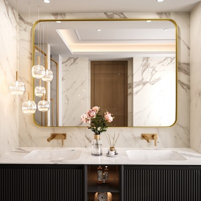 Tempered Glass Rounded Rectangle Framed Wall-Mounted Bathroom Vanity Mirror